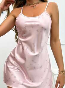 Sexy Star Print Satin Strapless Sleeping Dress With Exposed Back, Woven Polyester Adult Robe For All Seasons