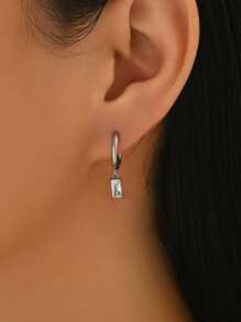 1 Pair Fashionable Cubic Zirconia Embellished Stainless Steel Square Pendant Earrings For Women, Minimalist Everyday Wear