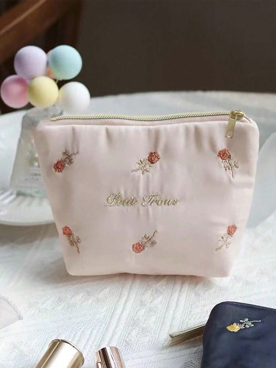 1 st. Roze geborduurde cosmetische tas met bloemen, lieflijk opbergzakje met rozenbloem, schattige mini make-uptas met rits