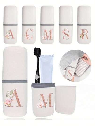 1pc Rose Gold Letters A-Z White Portable Toothbrush Case, Keep Your Toothbrush Clean And On The Go!Travel Toothbrush Holder, Portable Toothbrush Cup Cover, Suitable For Travel, Camping, Business Travel