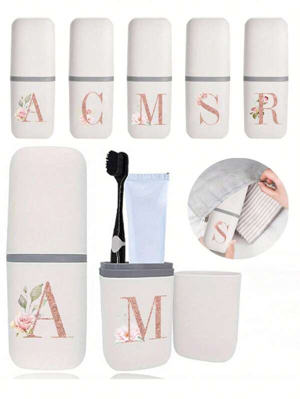 1pc Rose Gold Letters A-Z White Portable Toothbrush Case, Keep Your Toothbrush Clean And Safe On The Go!Travel Toothbrush Holder, Portable Toothbrush Cup Cover, Suitable For Travel, Camping, Business Travel