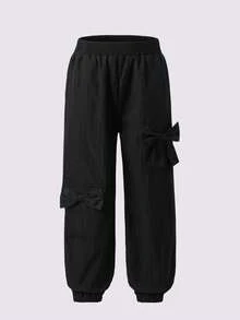 Girls Fashion Elastic Waist Woven Flared Long Pants, Summer New Middle/Big Tween Girl Versatile Bow Casual Comfortable Wide Leg Trousers - Black - View 3