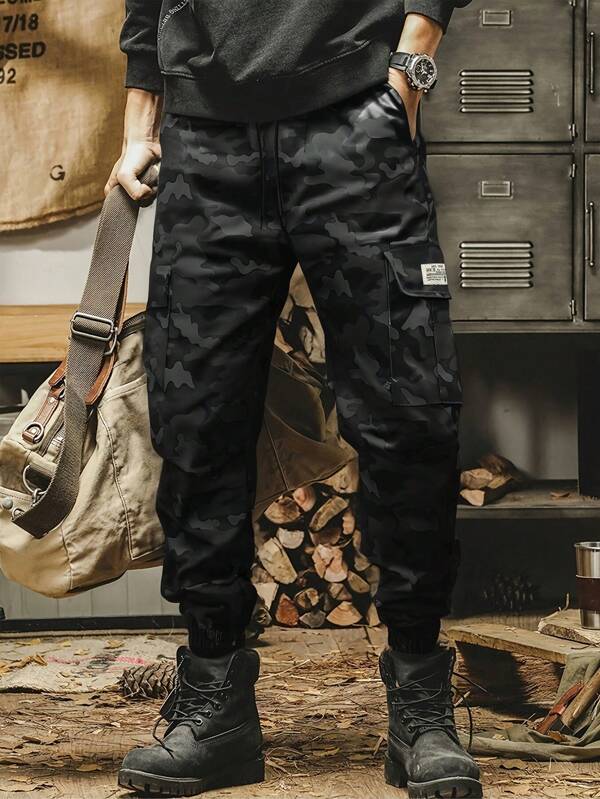Men's Casual Camouflage Cargo Pants, 100% Polyester Non-Stretch Woven Fabric, Regular Fit With Drawstring Waist And Flap Pocket, Outdoor Cargo Pants