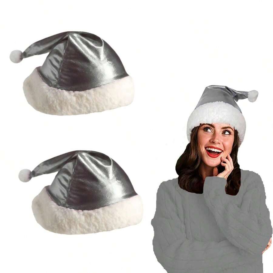 Metallic Christmas Santa Claus Hat 2 Pcs - Silver - View 1