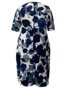 Vestido de manga corta con cuello redondo, estampado floral y de tinta, con bolsillos, de estilo casual para resorts, para mujer talla grande - Azul y blanco - Ver 3