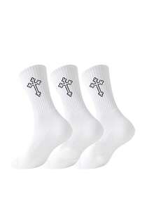 3 双/包男士运动十字图案流行设计袜子，时尚学生和情侣中筒袜，春夏 - 黃色 - 查看 10