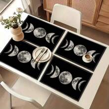 1 pièce Nappe de la série Lune, 4 pièces Sets de table imprimés Lune, convient pour les festivals, les fêtes, les anniversaires, les dîners, les cuisines, les salles à manger, la décoration de la maison toute l'année, drapeaux de table