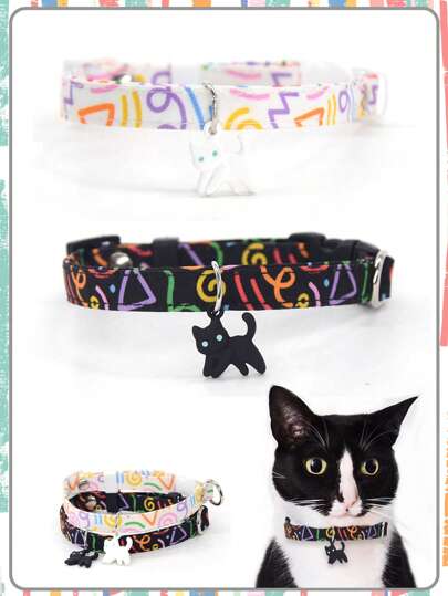 Adjustable Graffiti Pet Collar, Made Of Polyester, With Decorative Pendant, Suitable For Cats And Dogs Outdoor And Daily Wear