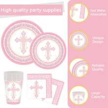 Pink First Holy Baptism Tableware Set God Bless Paper Plates Napkins Cups Baptism Party Supplies Pink Baptism Decorations God Bless Supplies For Baptism - Pink - View 3