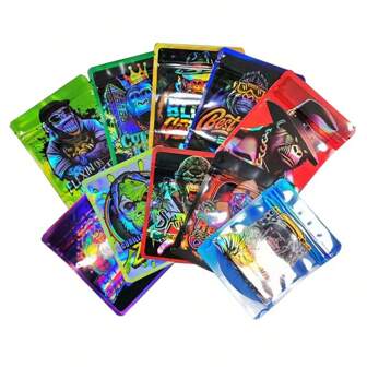 100 个 3.5 聚酯薄膜袋、大猩猩图案立式袋、防臭防味可重复密封拉链袋、3.93*4.92 英寸 3D 激光彩虹全息塑料包装、干草本 3.5 克花防水储物袋、聚酯薄膜、多种包装用于节日装饰品储存、礼品袋