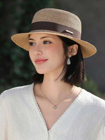 1 pezzo Cappello di paglia casual di alta qualità da donna, cappello visiera alla moda autunnale per esterni, adatto per uso quotidiano, viaggio, shopping