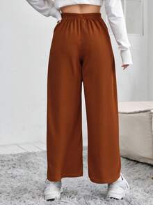 Pantalón holgado para dama, tela tipo plisado, cintura elástica, hermosa hebilla metálica con piedras, imitación diamanté en pretina, ligero, fresco, suave, fiesta, casual, oficina, primavera-verano. - Café integral - Ver 3