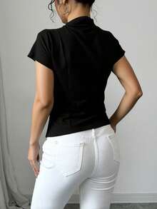 Blusa cuello alto manga corta aplicaciones brillantes varios colores tejido ajustado - Negro - Ver 2