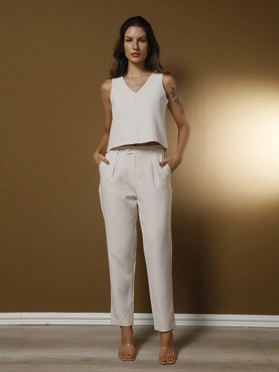 Tailored Set Elegant Set Set Of Palazzo Pants And Blouse - 米色 - 查看 1