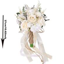 Bride And Bridesmaid Wedding Bouquet, White & Champagne Artificial Rose Wedding Decoration, Artificial Rose Wedding Bouquet, Bridal Bouquet, Bridesmaid Bouquet, Wedding Centerpiece Floral Arrangement, Party Home Decor Gift, Birthday Graduation