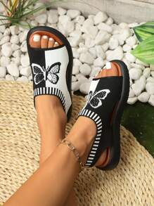 1 Pair Dual-Color Plaid Butterfly Open-Weave Sports Bohemian Sandals, Breathable Elastic Summer Beach & Outdoor Casual Shoes