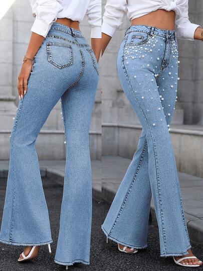 蓝色牛仔喇叭裤配珍珠装饰，性感紧身，优雅女士时尚休闲裤，适合中东音乐节派对，春夏