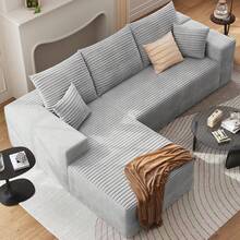 LUCKHAO107" Modular Sectional Sofa With Left/Right Chaise, Modern L-Shaped Cloud Couch With Deep Seat, Comfy Corduroy 3-Seater Sofa, Sponge Compression Cushions For Living Room, No Assembly Required - 灰-左向躺椅 - 查看 1