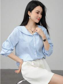 海军蓝条纹高领多巴胺时尚短款上衣 - 藍色 - 查看 6