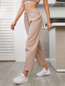 Pantalón de pierna recta para mujer, diseño sexy, elegante y casual, tela de poliéster y spandex, apto para temporadas de primavera y verano, ajuste de cintura natural con resorte y cordón, bolsillos funcionales. Suave, fresco y ligero. - Beis - Ver 5