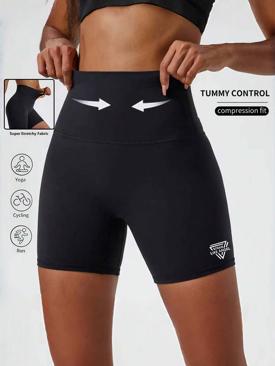Quần short thể thao nữ co giãn cao, in chữ, màu nude, thích hợp cho yoga, thể thao, đạp xe, chạy bộ, tập gym, trong nhà và ngoài trời, chất liệu thoáng khí, quần tập thể dục mùa hè màu đen. - màu đen - Xem 1