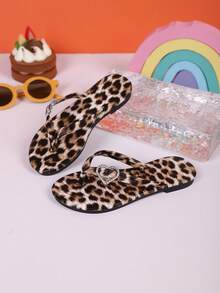 1 双夏季女童人字拖，时尚心形水钻，随机印花设计，适合户外、度假、沙滩、平底凉鞋 - 棕色 - 查看 5