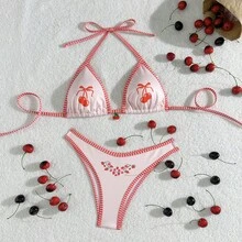 2pcs Set Ribbed Fabric Printed Spaghetti Strap Halter Tank Top And Side Tie Printed Triangle Shorts - Multicolor - View 5