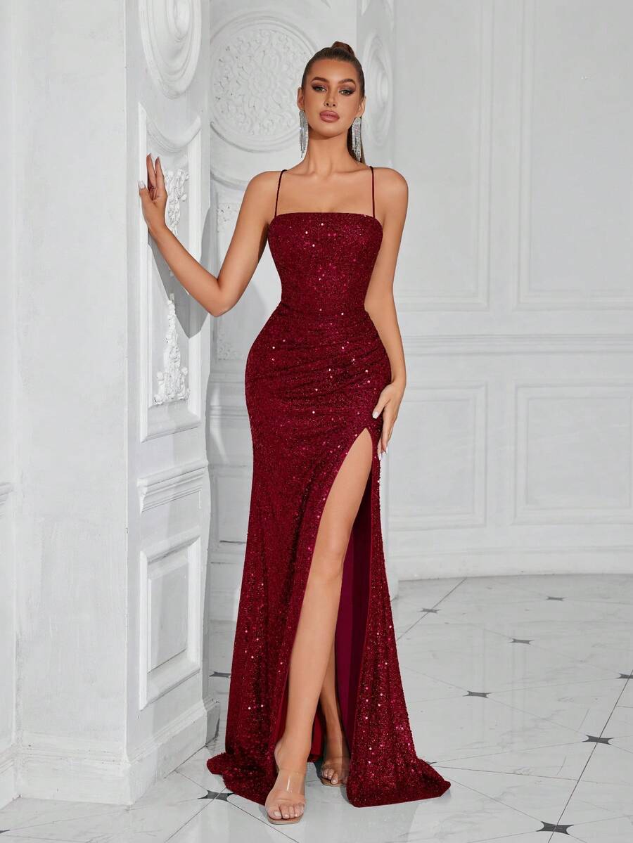 ADYCE Women's Sequin Criss-Cross Backless High Slit Spaghetti Strap Party Dress, Suitable For Parties, Events, Wedding Guests, New Year - Burgundy - View 1