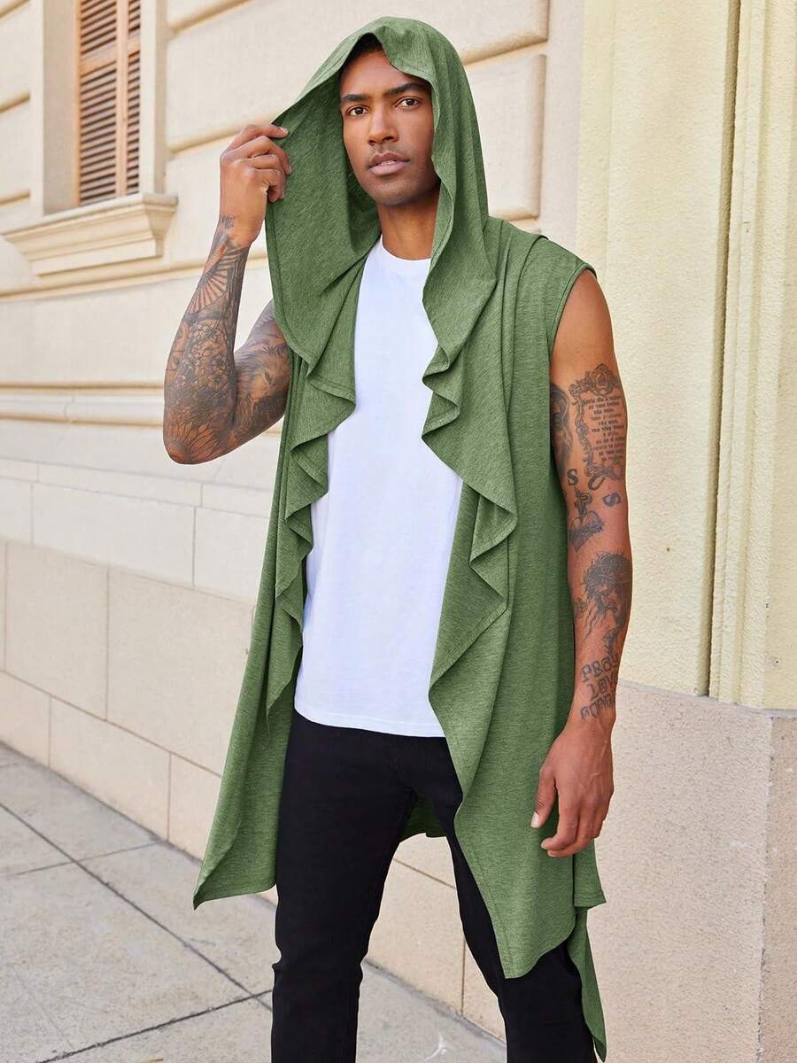 Runcati Mens Hooded Cardigan Sleeveless Ruffle Shawl Collar Open Front Knit Drape Robe - 軍綠色 - 查看 1