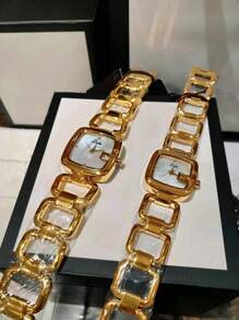1 pieza Reloj de mujer de alta gama con estilo francés sencillo y elegante, personalizado, con incrustaciones exquisitas de rhinestones, esfera de nácar, correa de acero inoxidable hueca, diseño retro elegante y de lujo versátil, resistente al agua, reloj de cuarzo adecuado para ocio, vacaciones, fiestas y uso diario, se puede usar como un regalo de cumpleaños u ocasión festiva