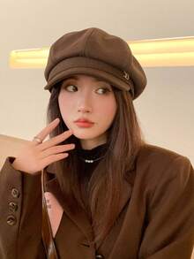Plain Flower Girl Hat, Beret, Spring And Summer Korean Version Of The Versatile Hat That Makes Your Face Look Small, Octagonal Hat, Japanese Head Circumference Painter Hat, One Piece. - Coffee Brown - View 1