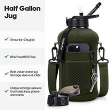 UKEIN Half Gallon Water Bottle With Storage Sleeve, 74oz Large Water Bottle With 2 Lids(Straw Lid And Chug Lid), Big Sports Water Jug For Gym With Strap, Drink Container With Handle - 軍綠色 - 查看 6