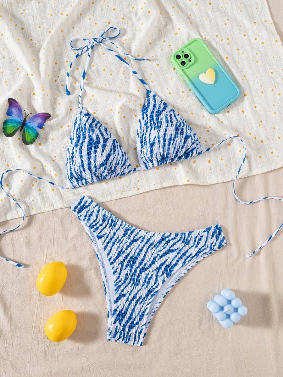 女士蓝白条纹荷叶边设计比基尼套装