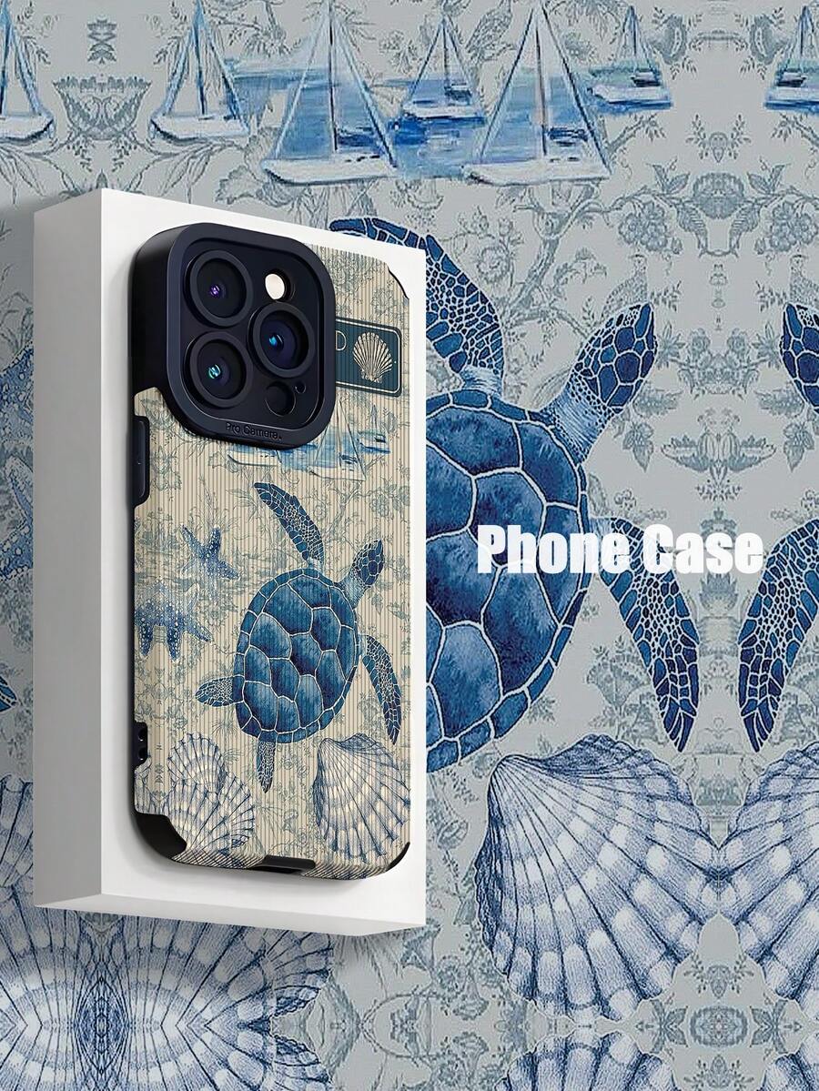 1 Pc Vintage Blue Floral Shell & Turtle Pattern Classic Soft Silicone Protective Phone Case Compatible With IPhone & - Multicolor - View 1