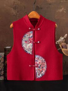 Asymmetric Double Dragon Embroidery Open Front Vest Cardigan, Retro Sleeveless Tang Suit Jacket Top For Women, Front Button Closure, Suitable For Spring/Autumn/Winter, Suitable For Daily/Casual/Holiday/Celebration/Any Occasion