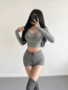Women's Long Sleeve T-Shirt Ribbed Fabric S M L - Xám - Xem 4