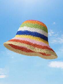 1Pc Kid Rainbow Sun Protection Crochet Bucket Hat For Vacation Travel - Rainbow Children's Straw Hat - View 5