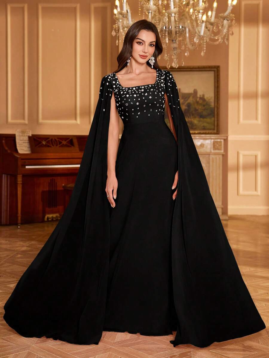 UNITHORSE Women Square Collar Rhinestone & Sequin Sleeve Solid Color Chiffon Evening Party Bridesmaid Dress, Wedding Guest Dress, Formal Dress, Bride Dress, Birthday Women Outfits, Graduation Dress, Gown - 黑色 - 查看 1