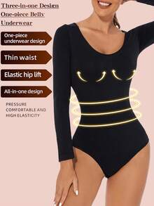 Women's Black Seamless Shapewear Bodysuit, Tummy Control And Butt Lifting, Long Sleeve - Black - View 3