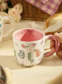 1pc 300ml Ceramic Cup With Nature-Inspired Texture, Braided Handle, Cartoon Design, Suitable For Home & Office Use