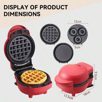 HONGMEI 1 件华夫饼机，带 3 个可拆卸盘子，甜甜圈机，披萨煎饼机，壁插式 400 瓦 4 英寸迷你华夫饼机，适用于个人华夫饼、薯饼、酮华夫饼，易于清洁，不粘表面，多功能家庭食品惊喜礼物