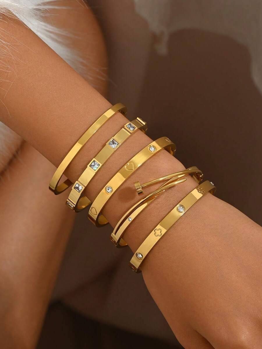 Classic Luxury 18K Gold-Plated Stainless Steel Bracelet Set, Ladies Fashion Four-Leaf Clover Set, Suitable For Ladies Party, Daily Wear, European And American Style, Personalized, Generous, Luxury Square Crystal Zirconia Wristband, Wedding Jewelry Set, Gifts For Girls, Ladies, Relatives, Friends, Beautiful Wedding, Birthday, Valentine's Day, Mother, Mother, Mother's Day, Gifts