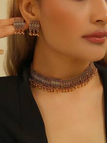 3pcs/Set Minimalist Jewelry Set Inspired By Bollywood Style, Pendant Necklace + Earrings, Suitable For Women To Wear Daily, Festival, Wedding & Party / Jewelry Gift - Multicolor - View 2