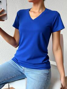Playera dama mujer basica manga corta cuello V algodon fresca ligera - Azul Rey - Ver 3