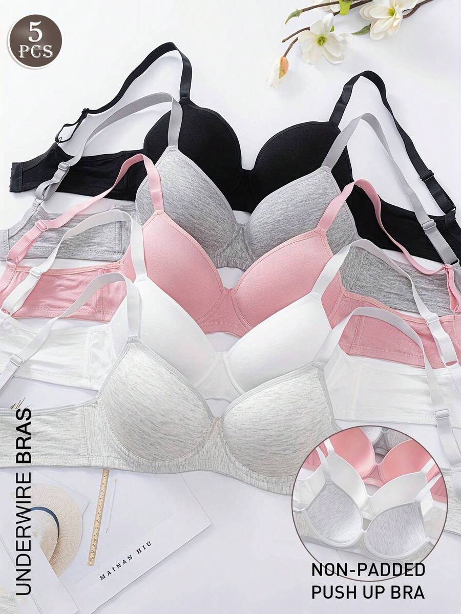5pcs/Set Solid Color Underwire Bras, Sexy & Comfortable Push-Up Bras - Unpadded, Adjustable Straps