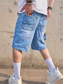 男士休闲破洞牛仔短裤，宽松美式复古浅蓝色百慕大短裤，夏季