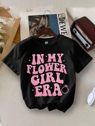 Young Girl's IN MY FLOWER GIRL ERA Print Round Neck Short Sleeve Tee Spring And Summer Casual T Shirt For Kids.Round-Neck T Shirt,Suitable For School, Vacation And Shopping Outfits