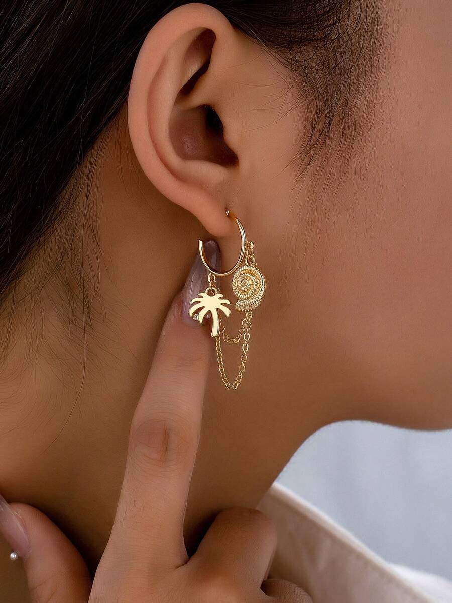 1 Pair Tropical Palm Tree Earring Sea Life Shell Earrings For Women Vacation Style Jewelry - Gold - View 1