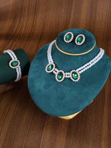 4pcs/Set Elegant Minimalist Jewelry Set For Women: 1pc Pearl Necklace, 1 Pair Crystal Earrings, 1pc Beaded Bracelet, Suitable For Daily Wear