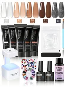 peacecolor 5Colors Poly Nail Gel 16ML Kit With Mini UV/LED Nail Lamp, Brown And Black Glitter Poly Extension Gel Polish & 30ML Nail Cleaner Slip Solution, 50PCS Nail Form, Multicolor Nail Rhinestone, 8ML Base And Top Coat. Builder Nail Gel Set Nail Supplies Extension Tool For Women Nail DIY Ideal Gift